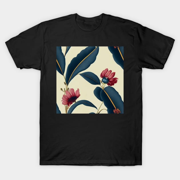 Deep Blue and Rust Autumn Orange Vintage Floral T-Shirt by VintageFlorals